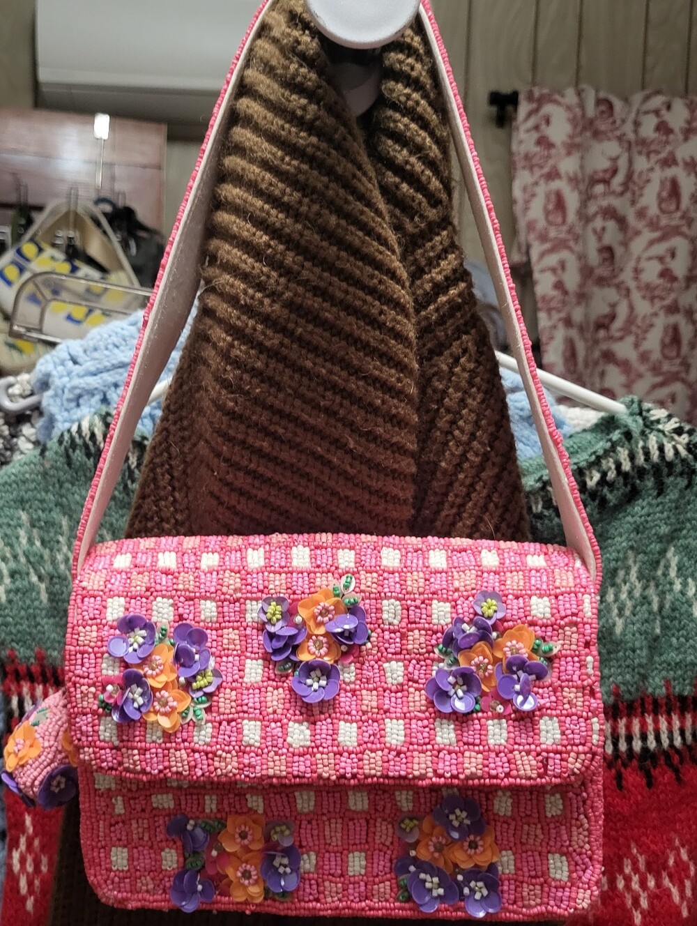 Pink Floral Beaded Bag With Beaded Charm